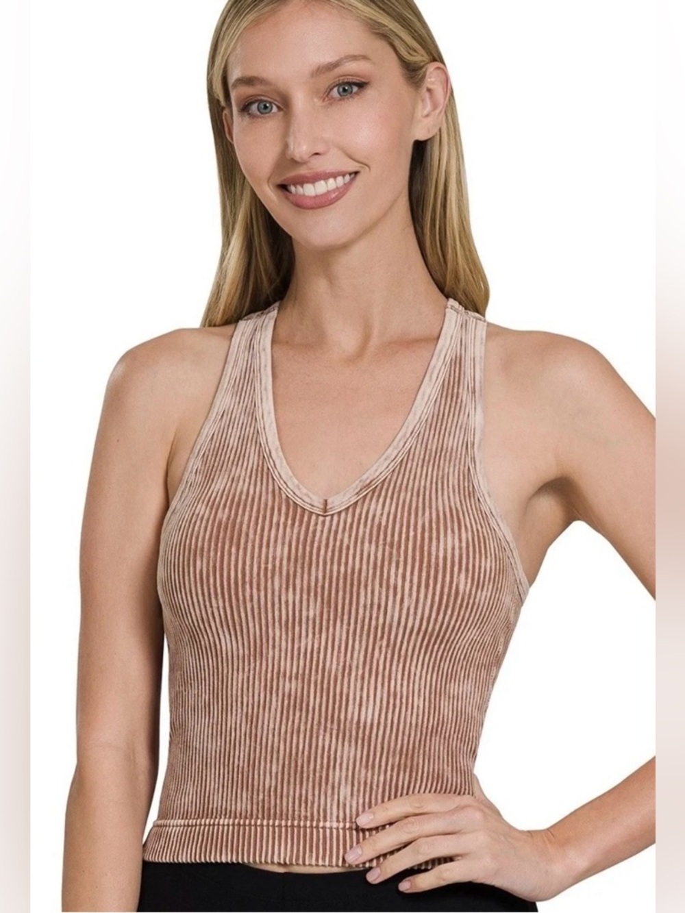 Zenana Outfitters NWT Ribbed Padded V-Neck Sports Bralette Lt. Tan S/M